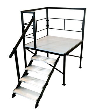 Elevated metal RV entry platform with railing